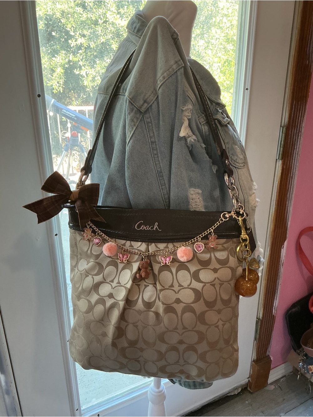 Coach Beige Signature Shoulder Bag with Pink Charm Chain